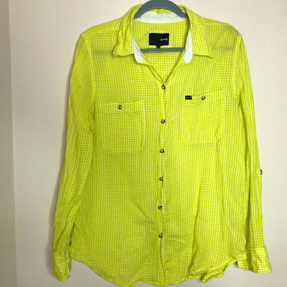 Hurley Lime Green Gingham Button Down Blouse - image 1